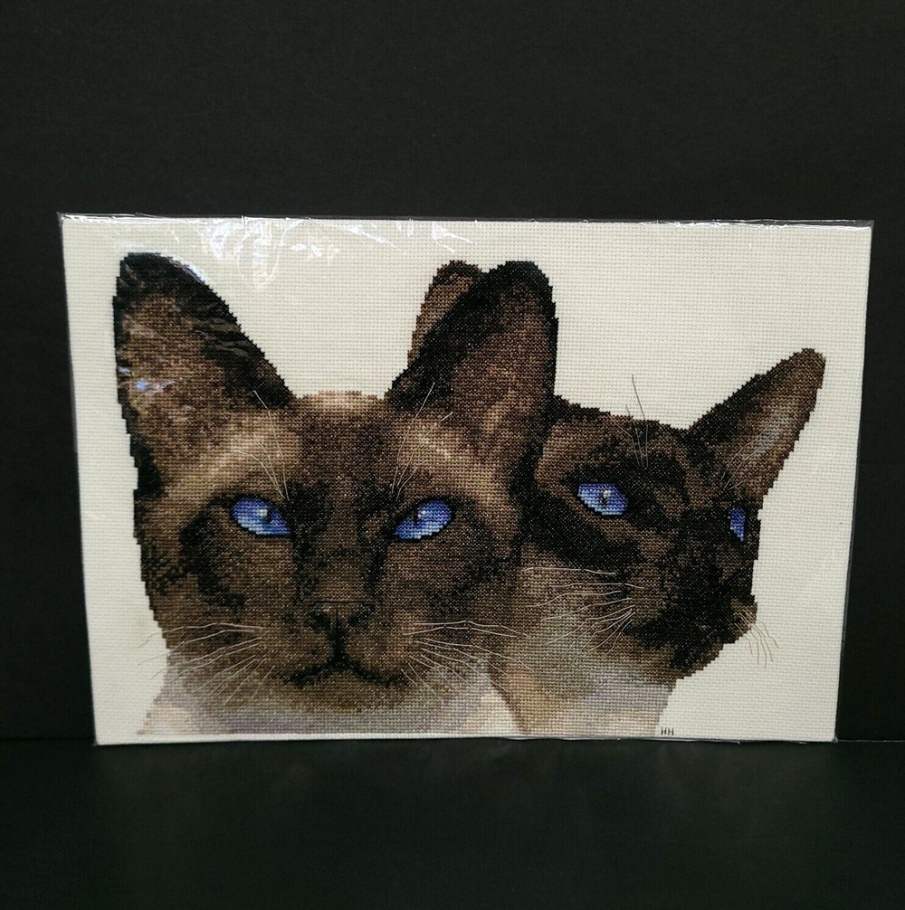 Handmade Completed Cross Stitch Siamese Cats Blue Eyes Cat Lover Wall Art